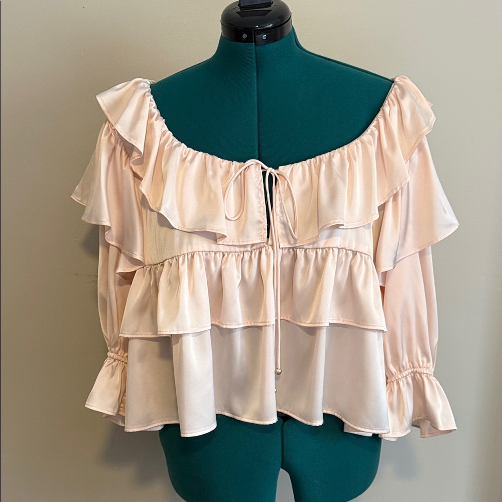 Francesca's Collections Pale Blush Ruffled Off-Shoulder Tie-Front Top